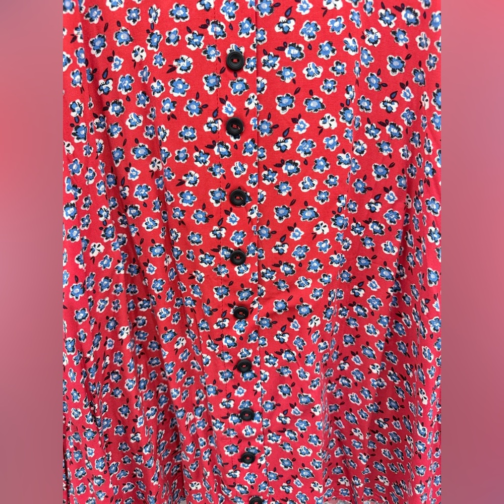 Red Floral V-Neck Midi Dress with Button Front - Picture 5 of 8